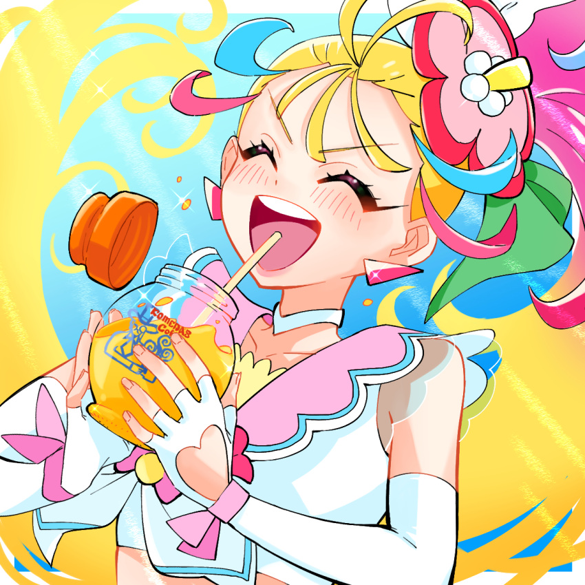 1girl :d blonde_hair blue_hair bow choker clothing_cutout commentary cropped_shirt cup cure_summer drinking_straw earrings elbow_gloves facing_viewer fingerless_gloves flower gloves hair_flower hair_ornament hair_pulled_back heart_cutout hibiscus holding holding_cup jar jewelry long_hair magical_girl monster_rally multicolored_hair natsuumi_manatsu open_mouth pink_hair pink_sailor_collar precure redhead sailor_collar shirt side_ponytail sleeveless sleeveless_shirt smile solo star_(symbol) star_earrings streaked_hair tropical-rouge!_precure upper_body v-shaped_eyes very_long_hair white_bow white_choker white_gloves white_shirt