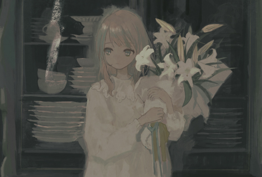 1girl blue_eyes bouquet bowl brown_hair chisato_charme closed_mouth collared_dress commentary_request cup cupboard dress flower hair_over_shoulder hands_up highres holding holding_bouquet indoors lace_trim lily_(flower) long_hair long_sleeves looking_to_the_side original outline plate porcelain puffy_long_sleeves puffy_sleeves solo teacup white_dress white_flower