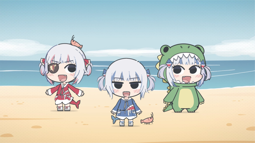3girls :d arrow_(projectile) arrow_through_heart beach blue_hair blue_hoodie blue_sky blue_socks blush_stickers chibi clouds commentary day dinosaur_costume drawstring eyepatch fang fins fish_tail gawr_gura grey_hair heart highres hololive hololive_english hood hood_down hood_up hoodie horizon long_sleeves multicolored_hair multiple_girls multiple_persona ocean outdoors red_hoodie red_socks redhead sand shark_tail sharp_teeth shoes sky sleeves_past_wrists smile socks streaked_hair tail teeth two_side_up virtual_youtuber water white_footwear yeqwep