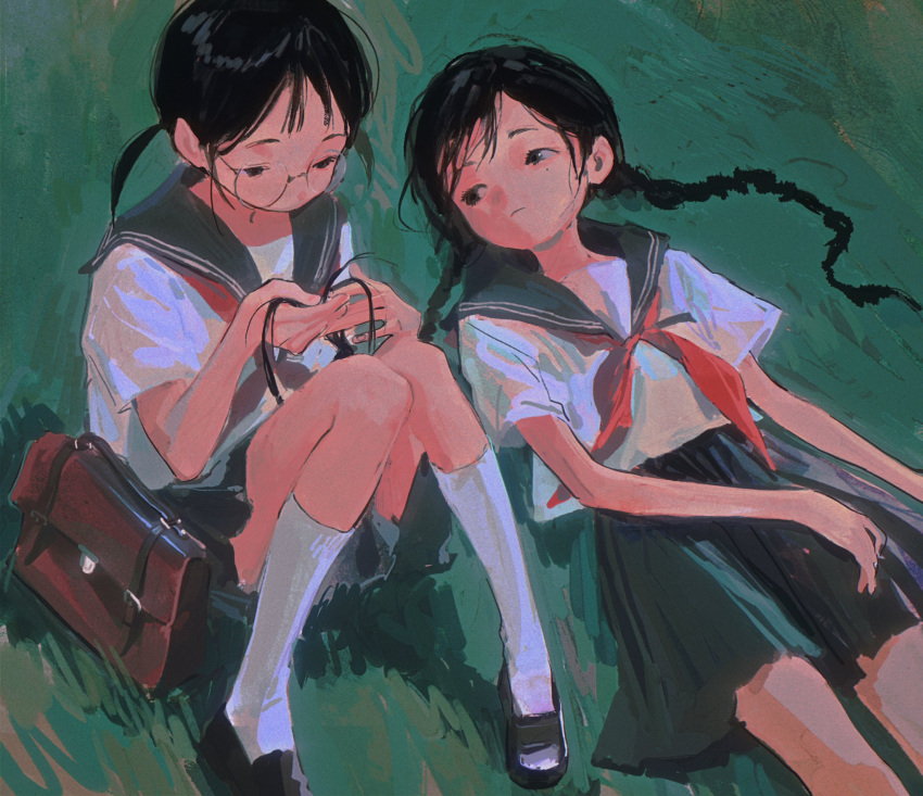2girls black_eyes black_footwear black_hair black_skirt braid closed_mouth expressionless from_above glasses grass hidari_(nanmu-left) highres kneehighs knees_together_feet_apart knees_up loafers looking_at_another looking_to_the_side low_twintails lying mole mole_under_eye multiple_girls neckerchief on_back original outdoors playing_with_another's_hair red_neckerchief round_eyewear school_briefcase school_uniform serafuku shoes short_sleeves short_twintails side-by-side sitting skirt socks twin_braids twintails white_socks