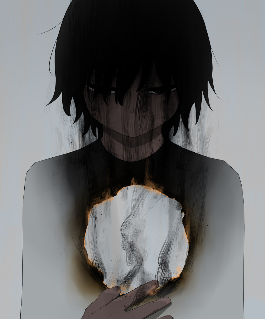 1boy absurdres avogado6 black_eyes black_hair burning commentary fire grey_background grey_shirt hand_on_own_chest highres hole_in_chest hole_on_body looking_at_viewer male_focus no_mouth original shirt short_hair simple_background smoke solo straight-on symbolism upper_body