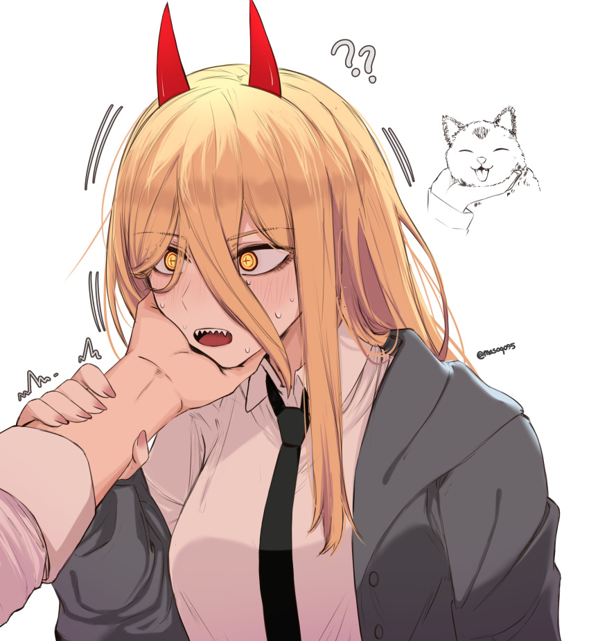 1girl ? absurdres artist_name black_necktie blonde_hair blush cat chainsaw_man coat collared_shirt commentary cross-shaped_pupils english_commentary fangs grey_coat hand_on_another's_chin hand_on_own_cheek hand_on_own_face highres holding_another's_arm horns long_sleeves looking_at_another medium_hair necktie open_mouth power_(chainsaw_man) shirt simple_background sweat symbol-shaped_pupils tongue trembling twitter_username upper_body white_background white_shirt wide_sleeves yellow_eyes zovokia