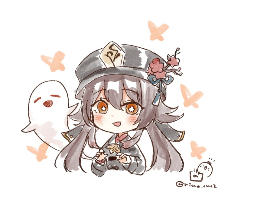 1girl black_coat black_headwear blush boo_tao_(genshin_impact) bright_pupils brown_hair chibi coat cropped_torso flower flower-shaped_pupils genshin_impact ghost hair_between_eyes hat hat_flower hat_tassel hu_tao_(genshin_impact) long_hair long_sleeves looking_at_viewer orange_eyes rino_cnc simple_background sketch solo symbol-shaped_pupils twintails twitter_username white_background white_pupils