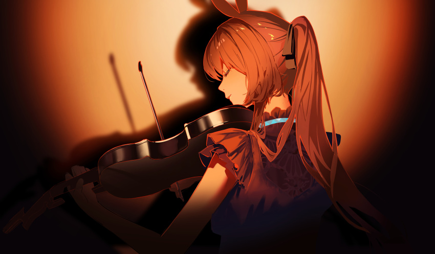 1girl absurdres amiya_(arknights) animal_ears arknights black_ribbon black_shirt blouse brown_hair closed_eyes closed_mouth commentary dark english_commentary facing_to_the_side frilled_shirt_collar frilled_sleeves frills from_behind hair_ribbon highres holding holding_bow_(music) holding_instrument instrument jun_(inrshun) light_smile long_hair music nape no_jacket orange_theme outline playing_instrument ponytail profile rabbit_ears red_outline ribbon shadow shirt short_sleeves sidelocks solo spotlight upper_body violin