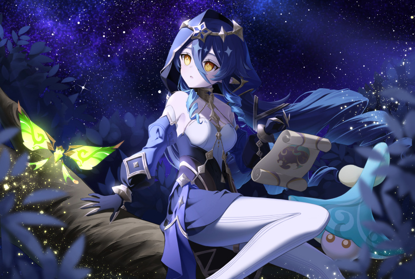 1girl 2others arabian_clothes black_hair claw_ring crystalfly_(genshin_impact) drill_hair fungi_(genshin_impact) genshin_impact headpiece highres jewelry layla_(genshin_impact) looking_up multiple_others neck_ring neneko_sleep night night_sky orange_eyes pantyhose parted_lips pointy_ears scroll sitting_on_branch sky star_(sky) starry_sky veil white_pantyhose wind