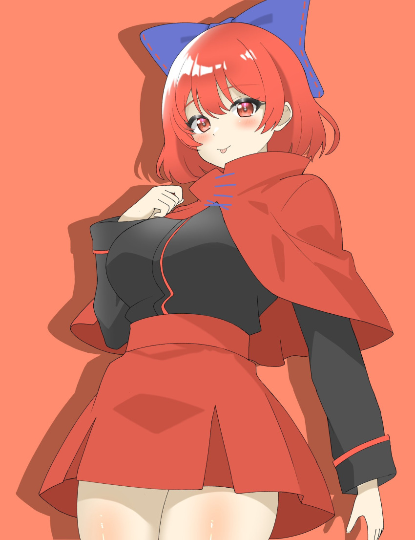 1girl black_shirt blue_bow blush bow breasts cloak closed_mouth commentary cowboy_shot hair_bow highres large_breasts long_sleeves looking_at_viewer one-hour_drawing_challenge red_background red_eyes red_skirt redhead sekibanki shirokumall shirt short_hair simple_background skirt solo touhou