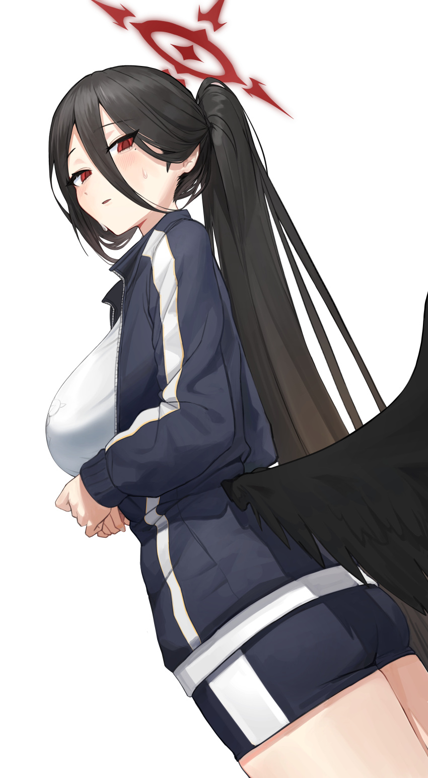 1girl absurdres black_hair black_wings blue_archive breasts feathered_wings hair_between_eyes halo hasumi_(blue_archive) hasumi_(track)_(blue_archive) highres jacket large_breasts long_sleeves looking_at_viewer ponytail red_eyes shirt simple_background solo standing sweat track_jacket white_background white_shirt wings zanya_000