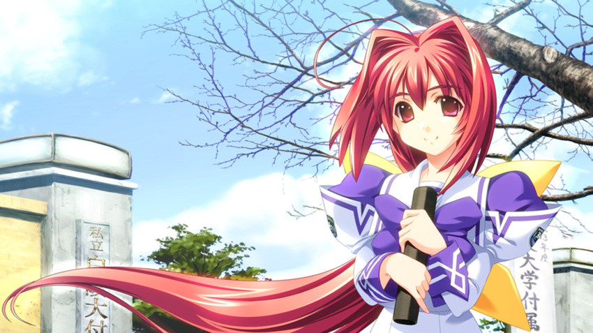 1girl ahoge bare_tree bou bow clouds diploma hair_intakes hair_ribbon hakuryou_high_school_uniform highres holding kagami_sumika looking_at_viewer muv-luv muv-luv_supplement official_art purple_bow red_eyes redhead ribbon school_uniform shirt skirt sky smile solo tree white_shirt white_skirt yellow_ribbon