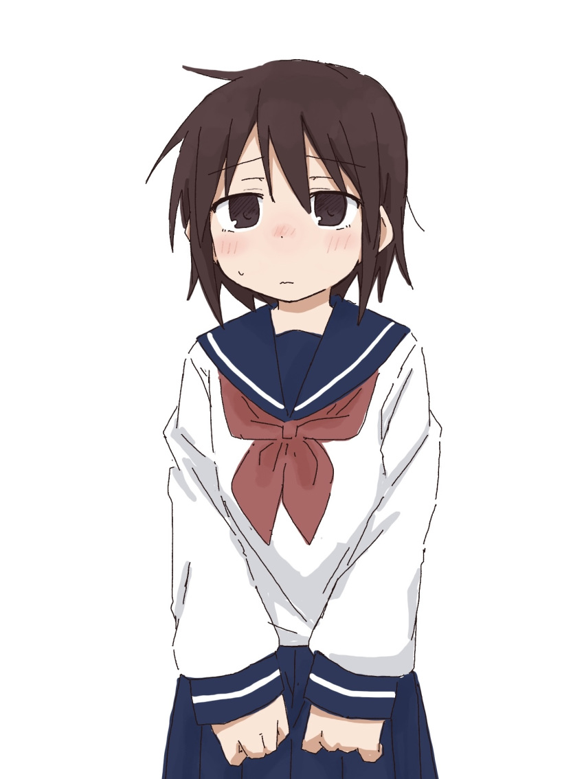 1girl blue_sailor_collar blue_skirt blush brown_eyes brown_hair closed_mouth commentary_request cowboy_shot flat_chest have_to_pee highres long_sleeves looking_at_viewer miniskirt neckerchief nose_blush original pleated_skirt ponnu_(tnpn2yw) red_neckerchief sailor_collar school_uniform serafuku shirt short_hair sidelocks simple_background skirt solo standing white_background white_shirt
