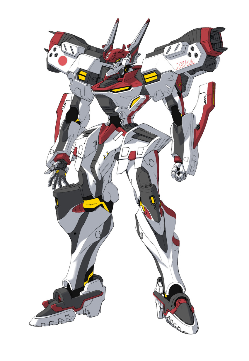clenched_hand full_body highres japanese_flag mecha muv-luv muv-luv_alternative muv-luv_total_eclipse no_humans official_art open_hand orange_eyes robot science_fiction simple_background solo tactical_surface_fighter white_background xfj-01a_shiranui