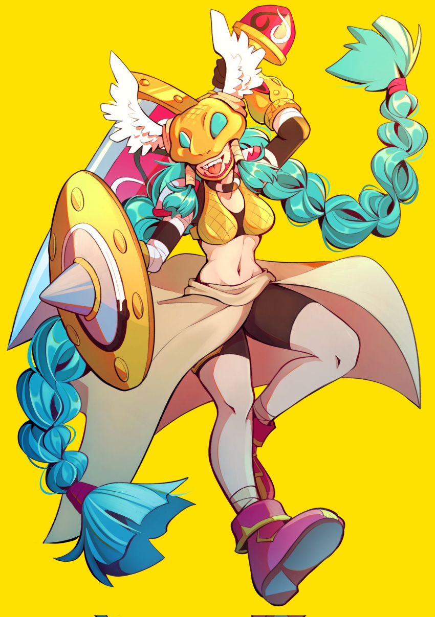 1girl aqua_hair braid covered_eyes digimon digimon_(creature) helmet_over_eyes highres holding holding_shield holding_sword holding_weapon long_hair minervamon navel nui_(nuitt) open_mouth shield simple_background solo sword twin_braids twintails very_long_hair weapon yellow_background