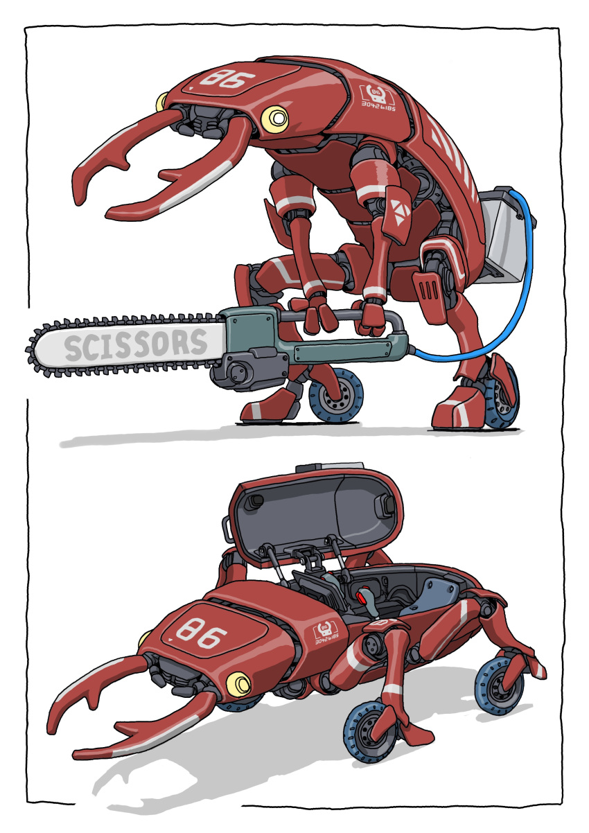 absurdres animal-themed_vehicle chainsaw cockpit gatling_santouhei headlight highres holding holding_chainsaw mecha multiple_views no_humans original robot science_fiction shadow simple_background standing vehicle_focus wheel white_background