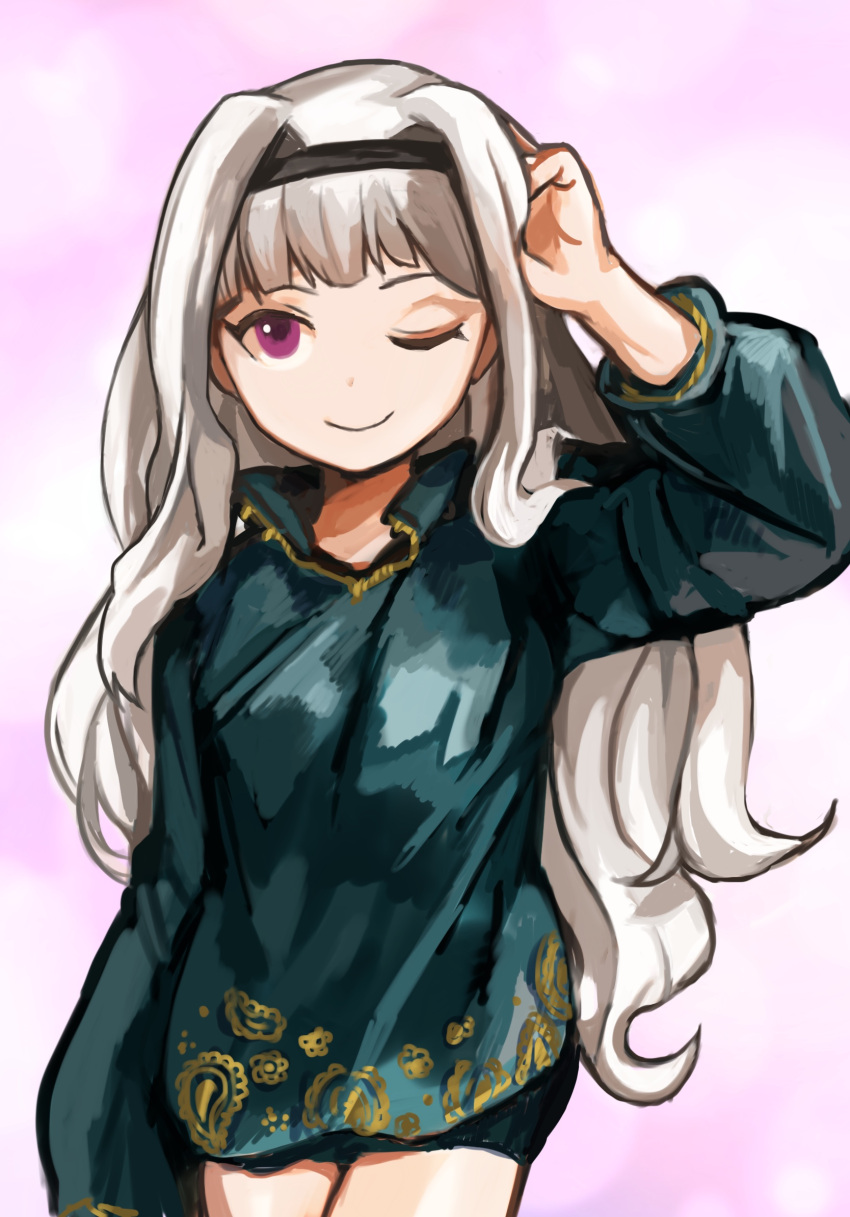 1girl arm_up black_hairband black_shorts buchi0122 closed_mouth commentary_request cowboy_shot green_sweater grey_hair hair_intakes hairband hand_in_own_hair highres idolmaster long_hair long_sleeves one_eye_closed pink_background shijou_takane short_shorts shorts smile solo sweater violet_eyes