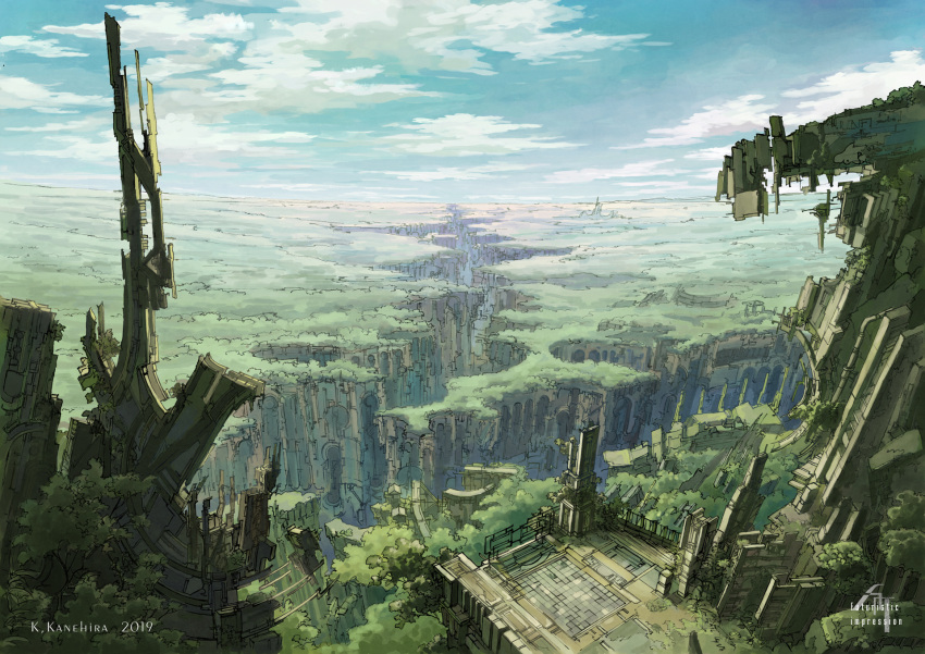 abandoned artist_name blue_sky chasm cliff clouds cloudy_sky dated day from_above highres horizon k_kanehira no_humans original outdoors overgrown railing ruins scenery sky tree