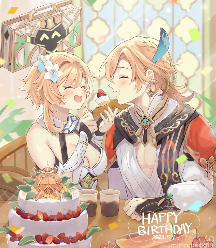 1boy 1girl blonde_hair breasts cake closed_eyes cup dated dress earrings feather_hair_ornament feathers feeding flower food fork fruit genshin_impact hair_between_eyes hair_flower hair_ornament happy_birthday highres holding holding_fork jewelry kaveh_(genshin_impact) long_sleeves lumine_(genshin_impact) medium_breasts mirin_pengin shared_food shirt strawberry suitcase white_dress white_shirt