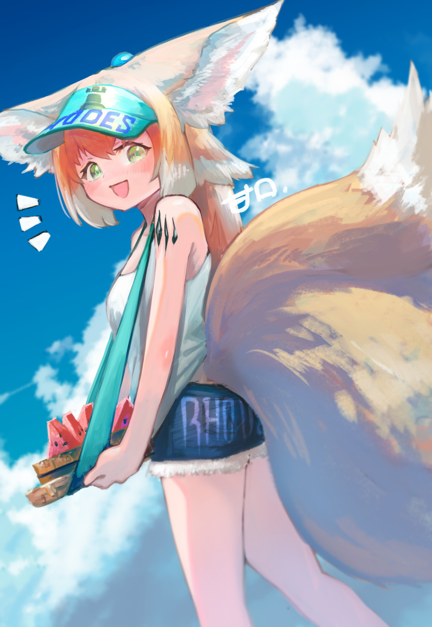 1girl :d animal_ear_fluff animal_ears arknights artist_name bare_arms bare_legs blonde_hair blue_shorts blue_sky chocolatice clouds commentary_request food fox_ears fox_girl fox_tail fruit fur-trimmed_shorts fur_trim green_eyes highres holding holding_tray kitsune kyuubi long_hair looking_at_viewer multicolored_hair multiple_tails notice_lines open_mouth oripathy_lesion_(arknights) short_shorts shorts sky smile solo suzuran_(arknights) tail tank_top tray two-tone_hair visor_cap watermelon white_hair white_tank_top