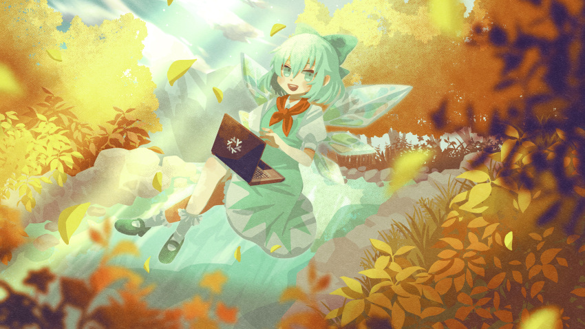 1girl absurdres autumn autumn_leaves black_footwear blue_dress blue_hair bow cirno commission computer dress forest hair_between_eyes hair_bow highres ice ice_wings laptop mary_janes nature neckerchief onsen open_mouth outdoors puffy_short_sleeves puffy_sleeves red_neckerchief shoes short_hair short_sleeves skeb_commission socks solo teeth tn_kn1000 touhou upper_teeth_only white_socks wings