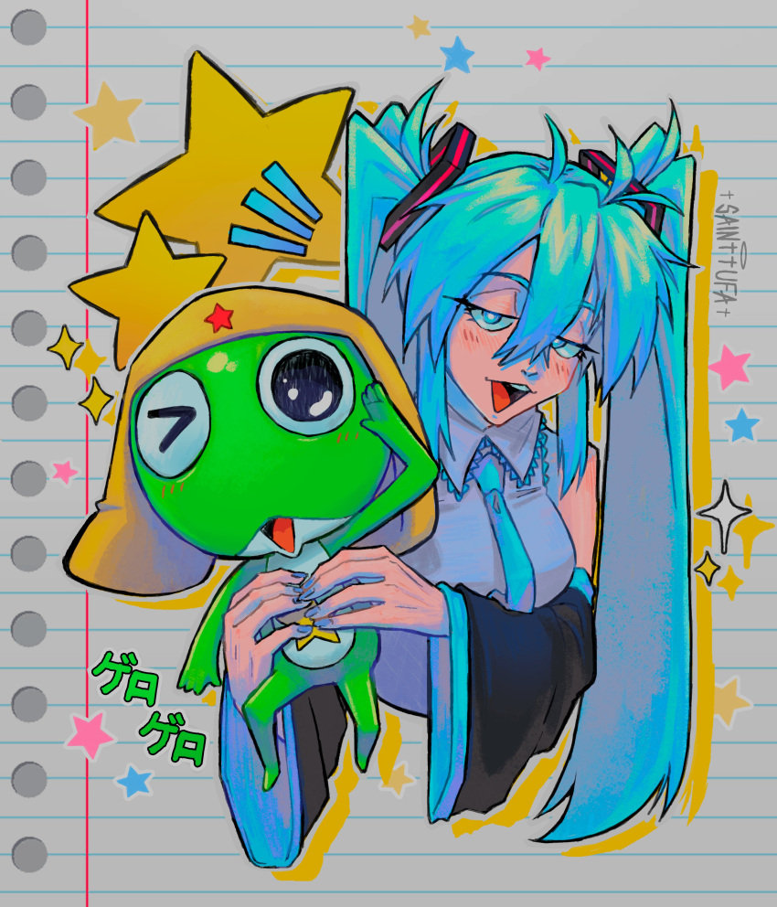 1boy 1girl absurdres alien artist_name black_eyes blue_eyes blue_hair breasts collared_shirt cropped_torso crossover detached_sleeves grey_shirt half-closed_eyes hatsune_miku highres holding keroro keroro_gunsou long_hair looking_at_viewer medium_breasts one_eye_closed open_mouth sainttufa salute shirt sleeveless sleeveless_shirt smile sparkle star_(symbol) upper_body very_long_hair vocaloid yellow_headwear