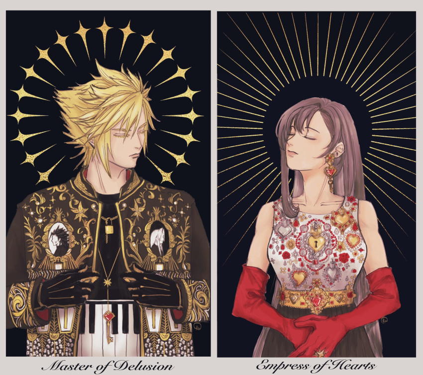 1boy 1girl bare_shoulders black_gloves black_jacket black_shirt black_skirt blonde_hair brown_hair chain_necklace closed_eyes closed_mouth cloud_strife collarbone commentary earrings elbow_gloves english_commentary english_text final_fantasy final_fantasy_vii final_fantasy_vii_remake gem gloves gold_belt gold_earrings gold_trim halo heart heart_print highres jacket jewelry key key_earrings key_necklace lock lock_necklace long_hair long_sleeves looking_to_the_side necklace open_clothes open_jacket own_hands_together piano_print print_jacket print_shirt red_gemstone red_gloves sephiroth shirt short_hair signature single_earring single_sidelock skirt slackertherubycat sleeveless sleeveless_shirt spiky_hair swept_bangs tifa_lockhart upper_body white_shirt zack_fair