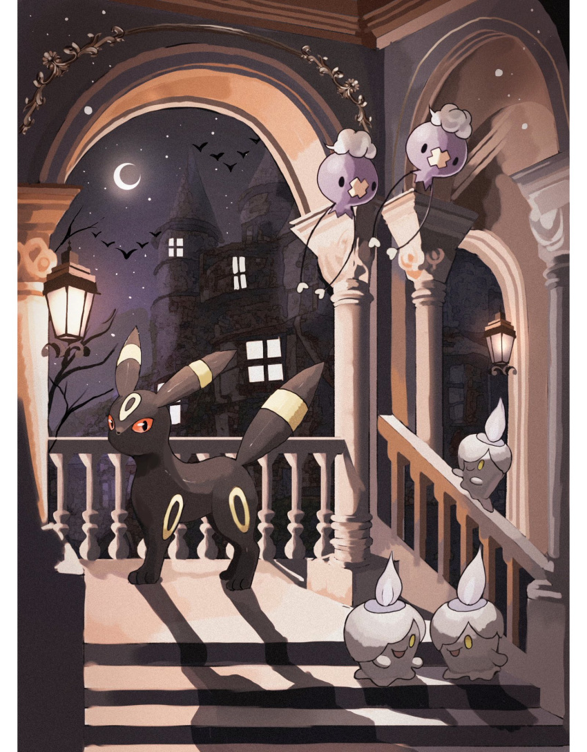 bat_(animal) colored_sclera crescent_moon drifloon european_architecture highres lantern litwick looking_at_viewer moon night no_humans open_mouth outdoors pillarboxed pokemon pokemon_(creature) red_sclera reo_(mmocc123) shadow umbreon
