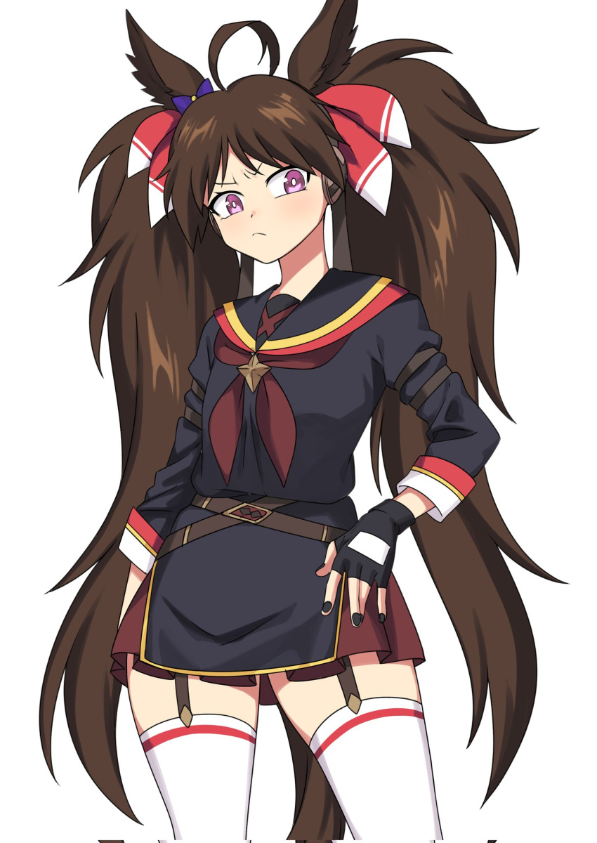 1girl ahoge animal_ears belt black_gloves black_nails black_sailor_collar bow bright_pupils brown_hair commentary cowboy_shot crossed_belts dream_journey_(racehorse) ear_bow fingerless_gloves frown fukuro_(maruaru00) furrowed_brow genderswap genderswap_(mtf) gloves hair_bow hand_on_own_hip highres horse_ears horse_girl long_hair long_sleeves looking_down messy_hair multicolored_sailor_collar neckerchief original personification purple_bow red_bow red_neckerchief red_skirt sailor_collar simple_background skirt solo tabard thigh-highs twintails umamusume v-shaped_eyebrows very_long_hair violet_eyes white_background white_thighhighs yellow_sailor_collar