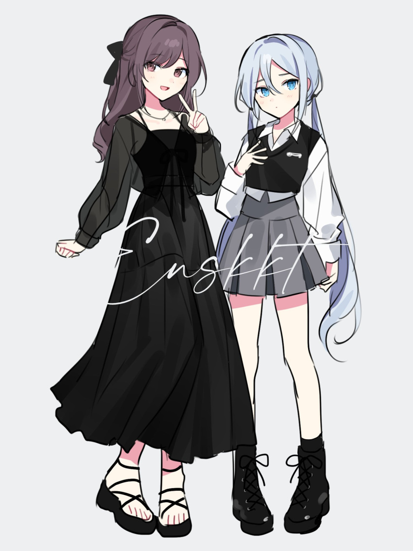 2girls black_dress black_footwear black_socks blue_eyes blue_hair boots bow brown_eyes brown_hair closed_mouth dress hair_bow highres long_sleeves low_twintails multiple_girls open_mouth project_sekai puffy_long_sleeves puffy_sleeves sandals shinonome_ena simple_background smile socks twintails v waka_(wk4444) white_background yoisaki_kanade