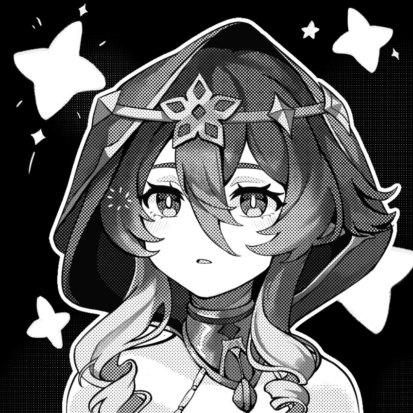1girl black_background blush drill_hair drill_sidelocks genshin_impact greyscale hair_between_eyes highres hood hood_up layla_(genshin_impact) looking_at_viewer monochrome naphele_yun outline parted_lips portrait screentones sidelocks simple_background solo star_(symbol) white_outline