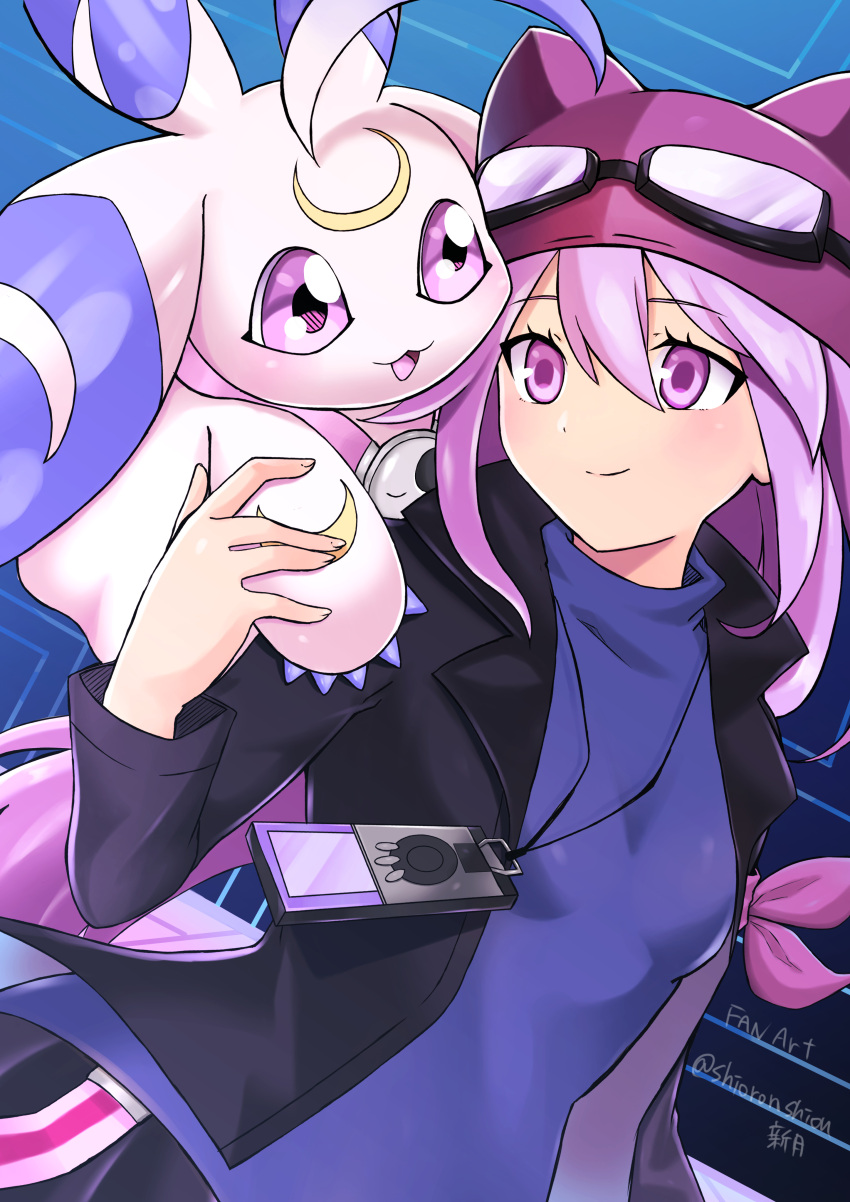 1girl 1other absurdres black_jacket breasts digimon digimon_(creature) digimon_story:_sunburst_and_moonlight digivice goggles goggles_on_head goggles_on_headwear hat highres jacket long_hair lunamon open_clothes open_jacket open_mouth purple_hair purple_shirt sayo_(digimon) shingetsu_(doru0222) shirt small_breasts upper_body violet_eyes