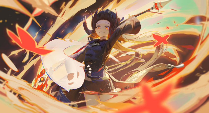 1girl absurdres arm_up aton_(user_kufr5245) black_coat black_headwear black_shorts boo_tao_(genshin_impact) bright_pupils brown_hair coat coattails fire flower-shaped_pupils genshin_impact ghost grin hat_tassel highres holding holding_polearm holding_weapon hu_tao_(genshin_impact) long_hair long_sleeves looking_at_viewer orange_eyes polearm shorts smile solo staff_of_homa_(genshin_impact) symbol-shaped_pupils twintails weapon wind