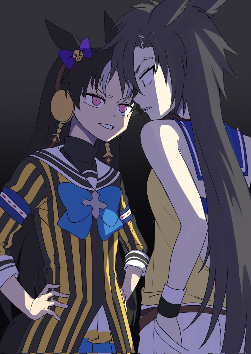 2girls air_shakur_(umamusume) animal_ears armband bare_shoulders black_background blue_armband blue_bow blue_bowtie blue_sailor_collar bow bowtie brown_hairband clenched_teeth commentary cross_ornament dark ear_bow eyebrow_piercing fukuro_(maruaru00) furrowed_brow genderswap genderswap_(mtf) grin hairband hand_in_pocket hands_on_own_hips headgear highres horse_ears horse_girl light_purple_hair long_hair long_sleeves multicolored_hair multiple_girls original personification piercing purple_bow reins sailor_collar shirt sleeveless sleeveless_shirt smile stare_down stay_gold_(racehorse) teeth two-tone_hair umamusume v-shaped_eyebrows very_long_hair violet_eyes white_sailor_collar yellow_shirt