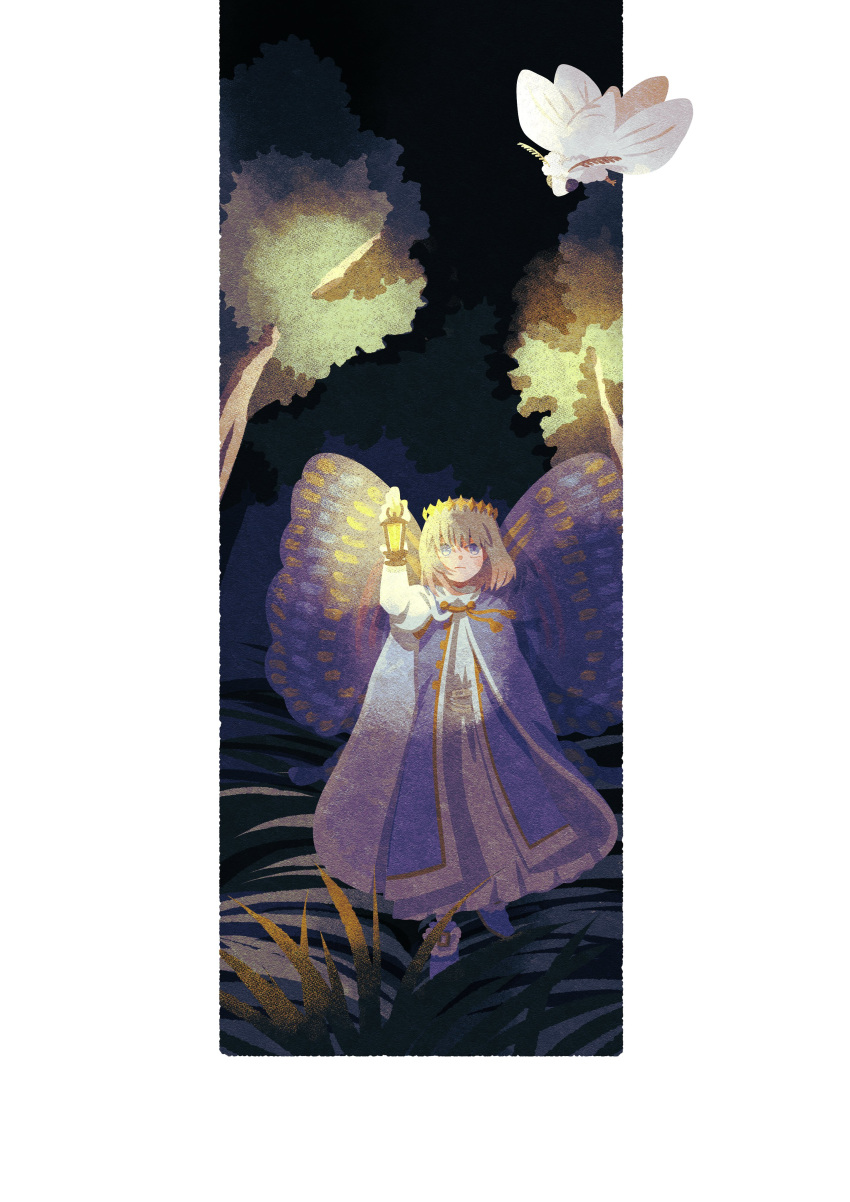 1boy absurdres blanca_(fate) blue_cloak blue_eyes bug butterfly_wings cloak closed_mouth diamond_hairband fate/grand_order fate_(series) grass grey_hair highres holding holding_lantern lantern male_focus moth night oberon_(fate) outdoors short_hair solo tassel tn_kn1000 tree wings