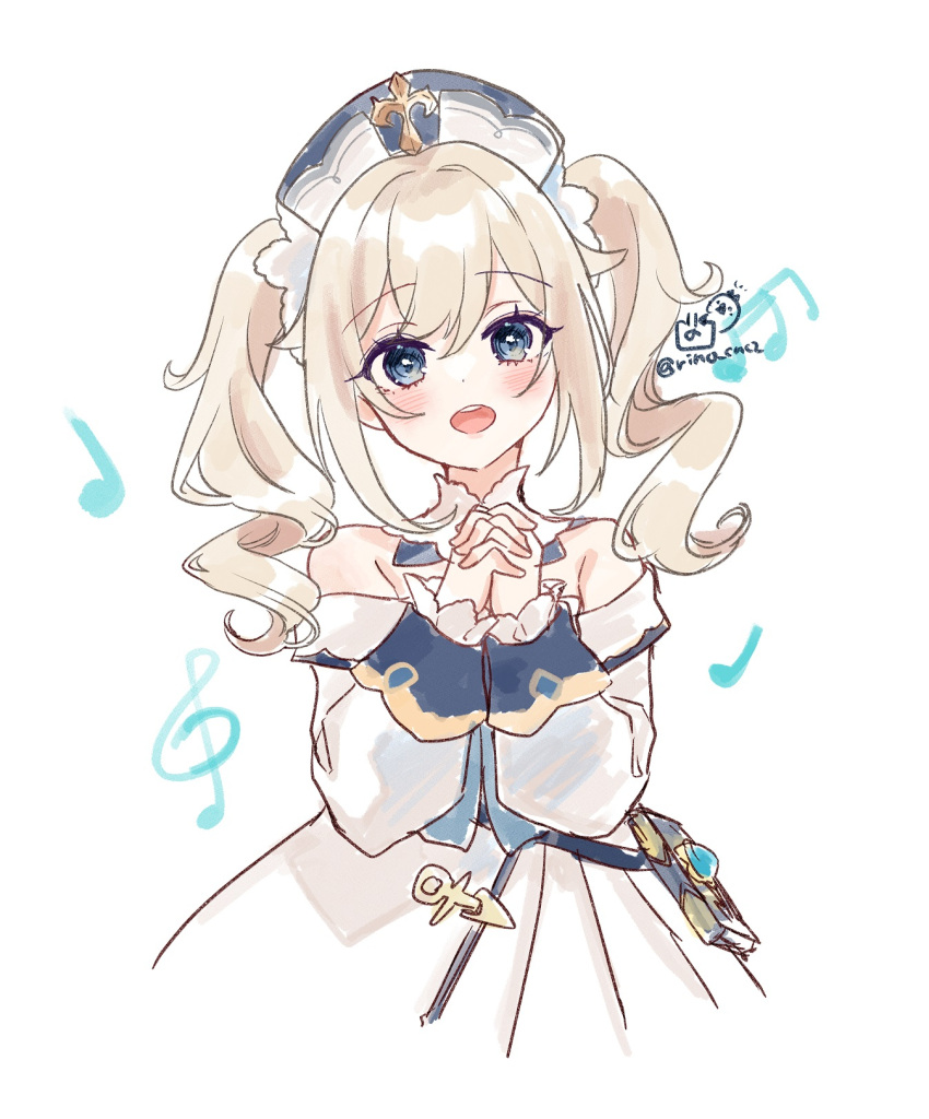 1girl barbara_(genshin_impact) blonde_hair blue_eyes blush dress frilled_sleeves frills genshin_impact hat highres interlocked_fingers long_sleeves looking_at_viewer musical_note open_mouth own_hands_clasped own_hands_together rino_cnc simple_background sketch solo teeth twintails twitter_username upper_teeth_only white_background white_dress