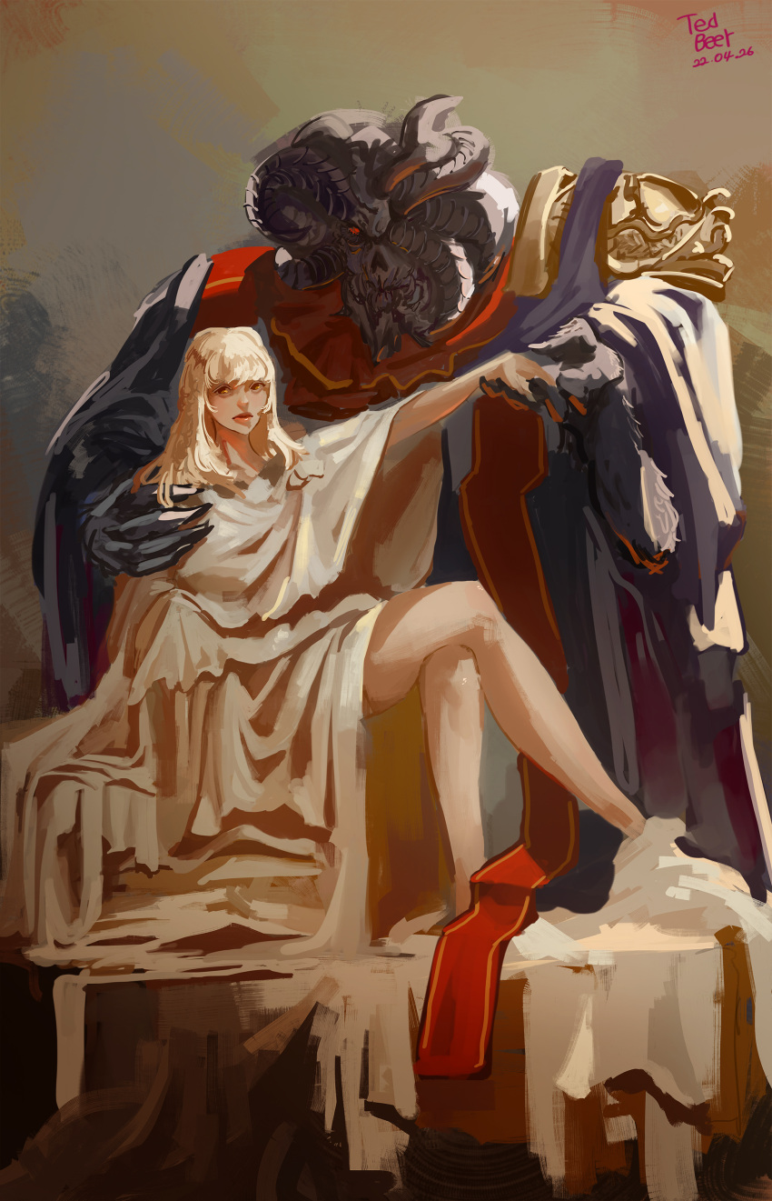 2boys absurdres aged_up black_claws black_horns black_robe black_skin blonde_hair colored_skin crossed_legs demon elden_ring extra_horns hand_on_another's_shoulder height_difference highres holding_hands horns looking_at_viewer miquella_(elden_ring) missing_eye mohg_lord_of_blood multiple_boys multiple_horns red_eyes red_sash robe sash size_difference tedbeer white_robe yellow_eyes