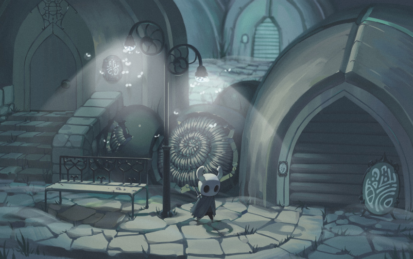 1other absurdres bench brick_floor concept_art highres hollow_knight lamppost lopy0120 night shop sign stairs