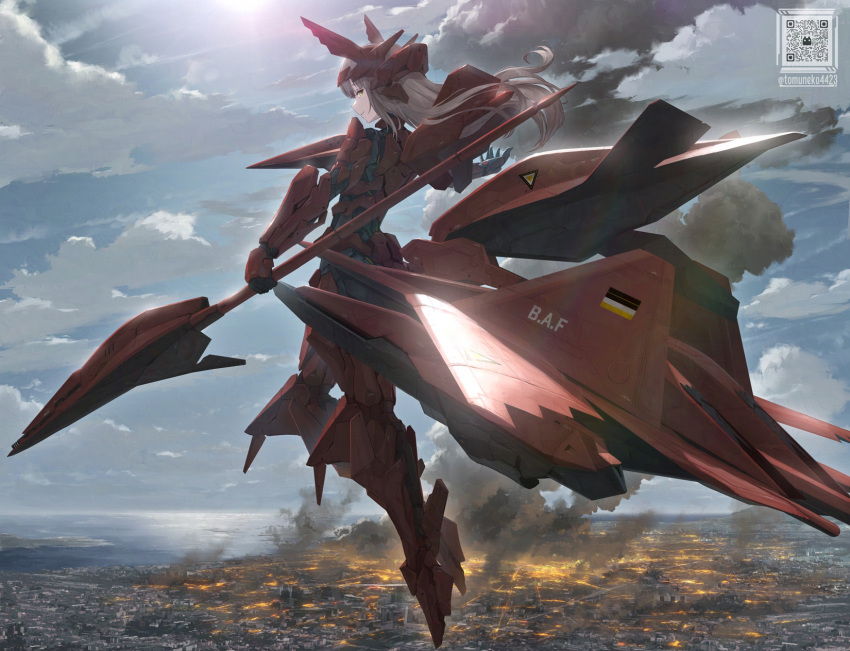 1girl ace_combat adler artist_name axe battle battle_axe brown_hair clouds cloudy_sky fire highres holding holding_weapon landscape looking_at_viewer looking_back mecha_musume red_armor science_fiction sky smile smoke solo tom-neko_(zamudo_akiyuki) weapon yellow_eyes