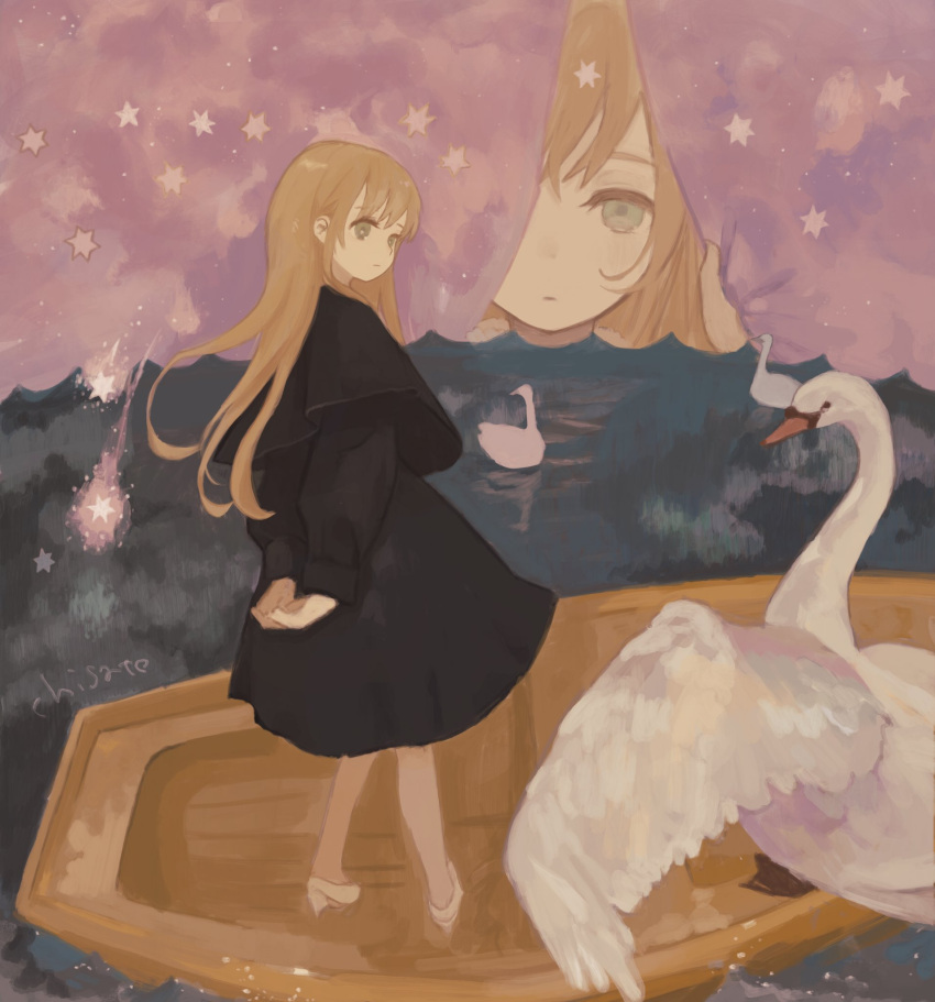2girls afloat artist_name bird black_capelet black_dress blonde_hair capelet chisato_charme clone closed_mouth dress expressionless falling_star from_behind giant giantess grey_eyes high_heels highres long_hair long_sleeves looking_at_viewer looking_back multiple_girls one_eye_covered opening original peeking_out pink_curtains print_curtains puffy_long_sleeves puffy_sleeves reflection reflective_water rowboat splashing standing star_(symbol) star_print swan water