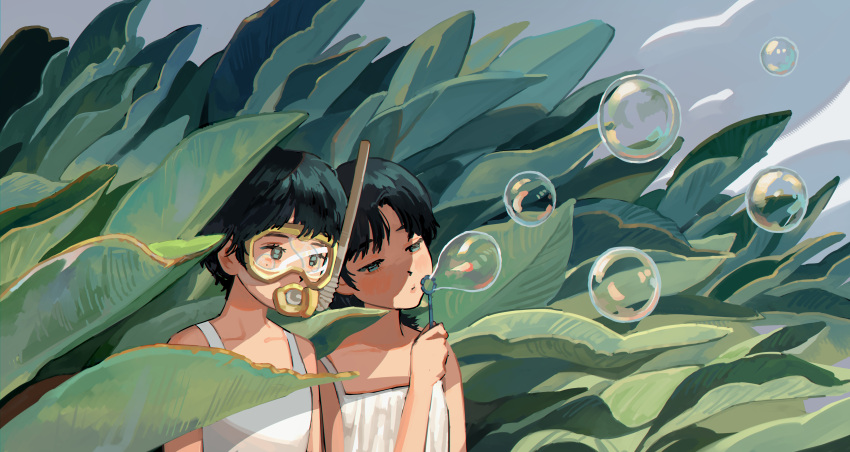 2girls absurdres blush bubble_blowing bubble_wand commentary_request covered_mouth diving_mask dress goggles green_eyes green_hair grey_background half-closed_eyes hand_up head_tilt highres holding leaf looking_ahead mole mole_under_eye multiple_girls myango_(applemangocrape) original parted_bangs plant plant_request short_hair side-by-side sleeveless sleeveless_dress snorkel snorkel_in_mouth soap_bubbles spaghetti_strap upper_body