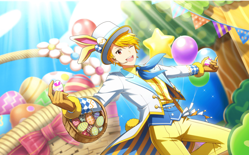 1boy animal_ears balloon basket blonde_hair buttons easter_egg egg fake_animal_ears gloves hat headset highres holding holding_basket idolmaster idolmaster_side-m idolmaster_side-m_live_on_stage! long_sleeves maita_rui male_focus official_art one_eye_closed open_mouth pants rabbit_ears smile teeth top_hat upper_teeth_only yellow_pants