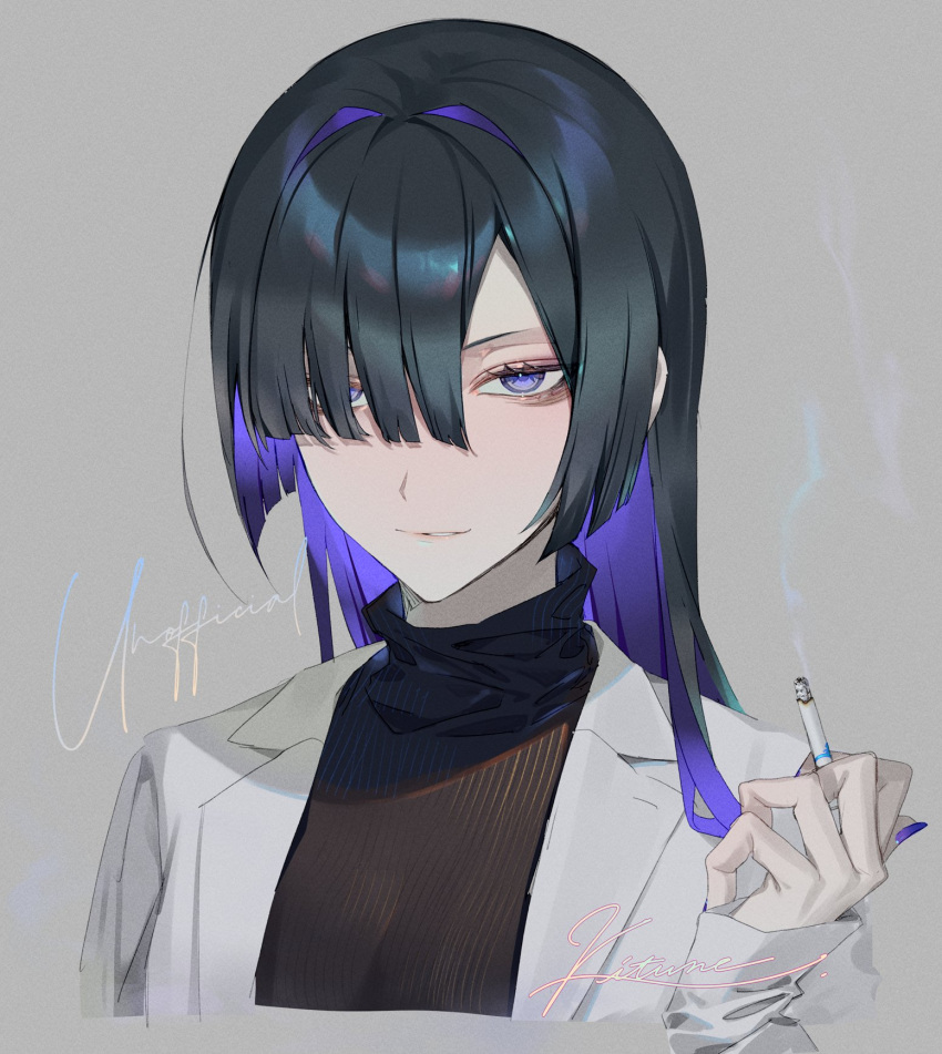 1girl a.i._voice bags_under_eyes black_hair black_sweater blunt_bangs cigarette coat colored_inner_hair colored_smoke commentary cropped_torso cursive grey_background hair_over_one_eye hair_over_shoulder hand_up highres holding holding_cigarette kitsune_ncv lab_coat long_hair long_sleeves looking_at_viewer multicolored_hair open_clothes open_coat parted_lips purple_hair purple_nails ribbed_sweater sidelocks signature smirk smoke_trail solo sweater symbol-only_commentary turtleneck turtleneck_sweater violet_eyes white_coat yogatari_tobari