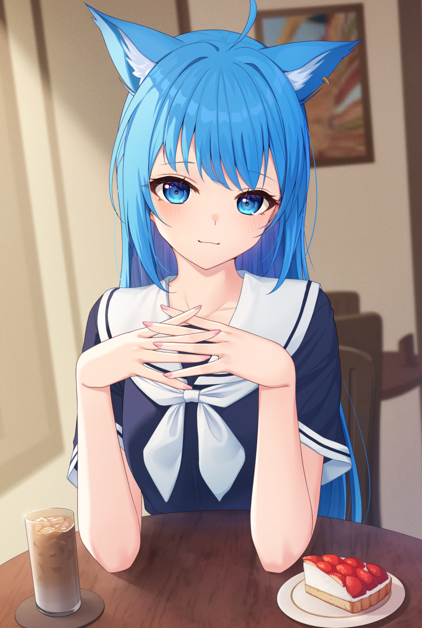 1girl ahoge animal_ears blue_eyes blue_hair blue_shirt blush breasts cat_ears cat_girl chair closed_mouth commentary cup fingernails food fruit highres ice ice_cube iced_coffee indoors interlocked_fingers long_hair looking_at_viewer medium_bangs nanashi_inc. neckerchief nishino_eri open_mouth own_hands_together painting_(object) pie pie_slice pink_nails sailor_collar shirt short_sleeves sitting small_breasts smile solo souya_ichika strawberry symbol-only_commentary table upper_body very_long_hair virtual_youtuber white_neckerchief white_sailor_collar