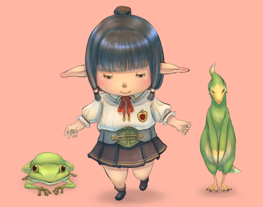 1girl avatar_(ff11) bird blue_footwear blue_hair blunt_bangs brown_eyes cactus41747280 closed_mouth collared_shirt dark_blue_hair double_horizontal_stripe final_fantasy final_fantasy_xi frog full_body hair_tubes highres miniskirt neck_ribbon pink_background pleated_skirt pointy_ears poroggo_(final_fantasy) purple_skirt red_ribbon ribbon school_uniform shirt short_hair simple_background skirt smile solo tarutaru white_shirt