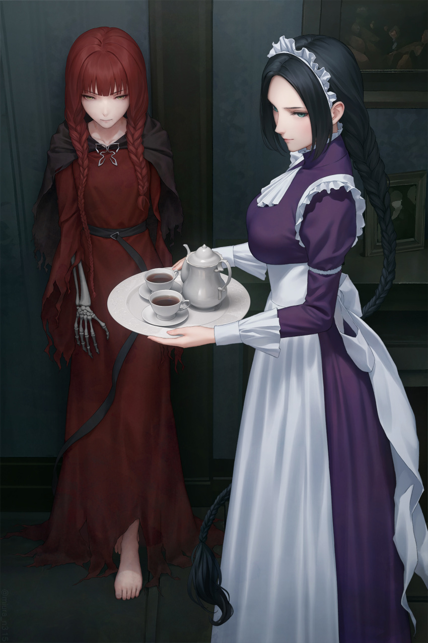 2girls ascot barefoot black_hair breasts character_request cup dress fata_morgana_no_yakata highres holding holding_tray indoors long_dress long_hair long_sleeves maid maid_headdress medium_breasts miura-n315 multiple_girls purple_dress red_dress redhead skeletal_arm teacup teapot tray underbust