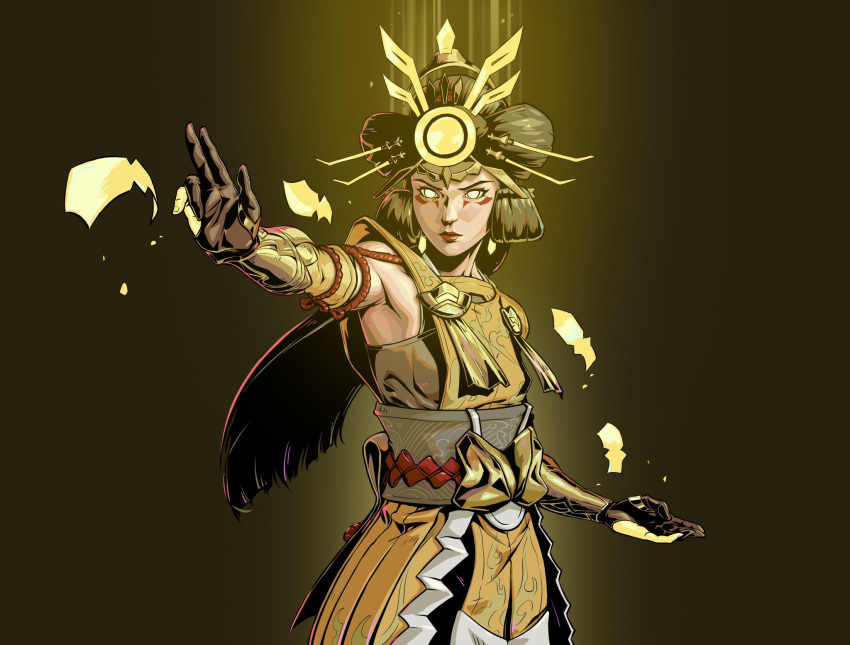 1girl amaterasu_(mythology) armpits black_hair closed_mouth detached_sleeves english_commentary hades_(series) highres japanese_clothes kiriko_(overwatch) long_hair official_alternate_costume ofuda overwatch overwatch_2 simple_background single_bare_shoulder solo sun_hair_ornament teecee_zhang upper_body yellow_eyes yellow_theme