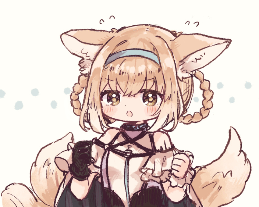 1girl animal_ear_fluff animal_ears arknights bare_shoulders black_collar black_gloves blonde_hair blue_hairband blush braid braided_hair_rings clenched_hands collar commentary_request dress fox_ears fox_girl fox_tail frilled_sleeves frills gloves hair_between_eyes hair_rings hairband hands_up iipoyo_(364poyo) infection_monitor_(arknights) kitsune kyuubi multiple_tails open_mouth oripathy_lesion_(arknights) short_sleeves single_glove solo suzuran_(arknights) tail twin_braids upper_body yellow_eyes