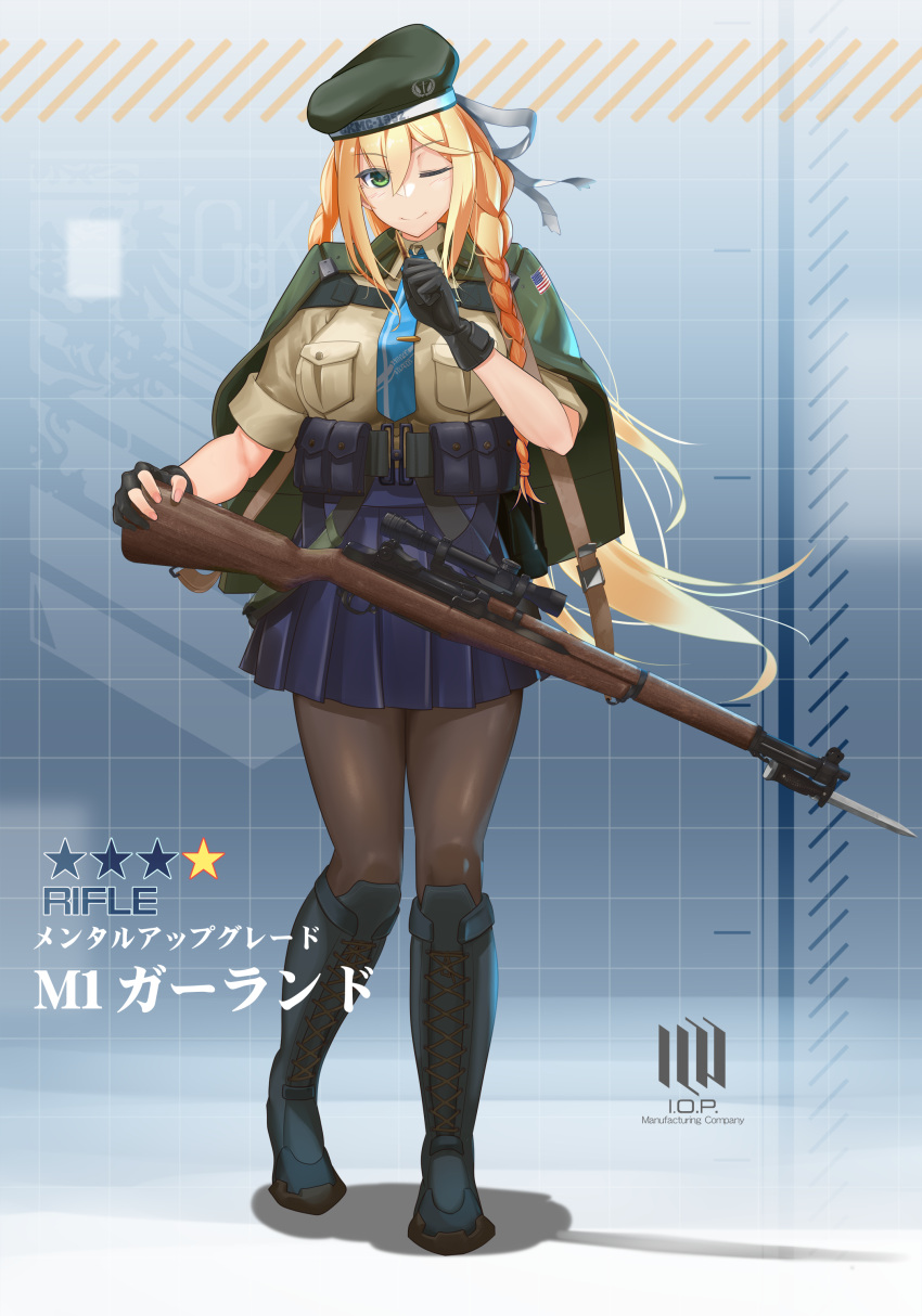 1girl absurdres american_flag ammunition_pouch asymmetrical_gloves bayonet beret black_footwear black_gloves black_pantyhose blonde_hair blue_necktie blue_skirt boots braid breast_pocket breasts brown_shirt capelet full_body girls_frontline gloves green_capelet green_eyes green_headwear gun gun_sling hat highres large_breasts long_hair looking_at_viewer m1_garand m1_garand_(girls'_frontline) miniskirt mismatched_gloves necktie one_eye_closed pantyhose partially_fingerless_gloves pleated_skirt pocket pouch rifle scope shirt short_sleeves shu70077 side_braids skirt solo standing translation_request very_long_hair weapon
