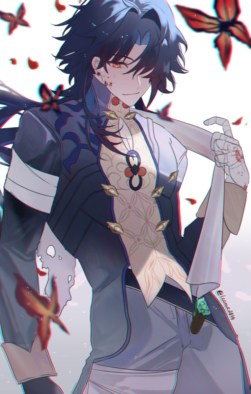 1boy absurdres bandaged_hand bandages blade_(honkai:_star_rail) blue_hair bug butterfly chromatic_aberration closed_mouth cowboy_shot dark_blue_hair earrings grey_jacket grey_pants hair_over_one_eye highres honkai:_star_rail honkai_(series) jacket jewelry leonie28 long_hair long_sleeves looking_at_viewer male_focus pants simple_background solo twitter_username white_background
