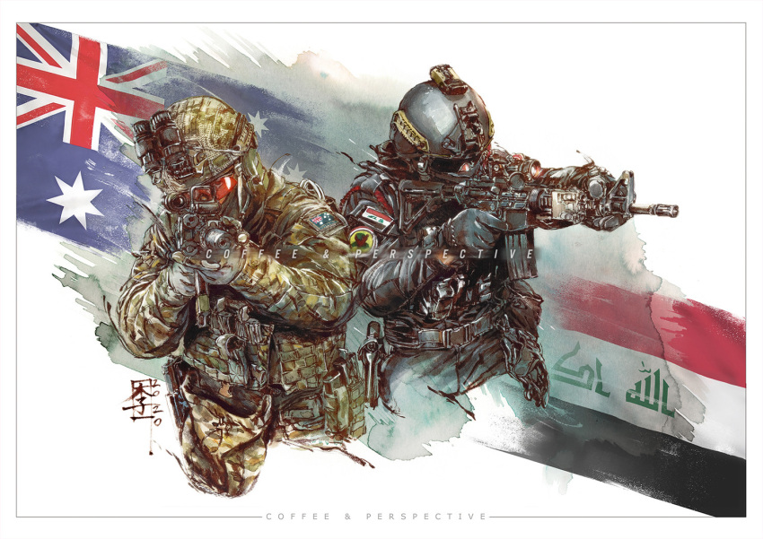 2others aiming ambiguous_gender arabic_text assault_rifle australia australian_flag belt black_belt black_gloves black_headwear black_jacket black_mask black_pants body_armor border brown_headwear brown_jacket c-clamp camouflage camouflage_headwear camouflage_jacket combat_helmet commentary cowboy_shot cropped_legs dated english_commentary facebook_username facing_ahead facing_viewer fatigues flag_background gloves gun helmet heptagram holding holding_gun holding_weapon holster hybrid_sight iraq iraqi_flag jacket laser_sight long_sleeves m4_carbine mar-c! military military_jacket military_operator military_uniform multicolored_background multiple_others night_vision_device optical_sight orange-tinted_eyewear original other_focus painting_(medium) pants patch realistic rifle shoulder_patch signature star_(symbol) sunglasses tactical_clothes tinted_eyewear traditional_media trigger_discipline uniform unit_patch upper_body watercolor_(medium) watercolor_background watermark weapon white_background white_border
