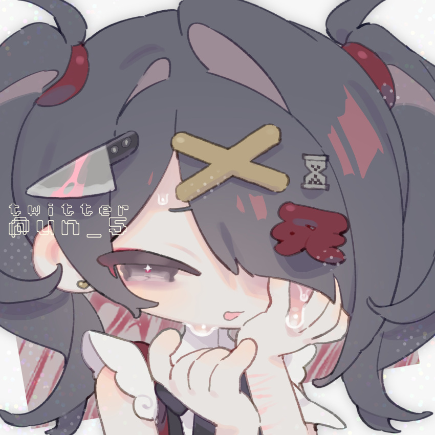 1girl absurdres ame-chan_(needy_girl_overdose) asymmetrical_sidelocks black_eyes black_hair chibi commentary_request crying crying_with_eyes_open earrings frills gathers hair_intakes hair_ornament hair_over_one_eye half-closed_eyes halftone hand_on_own_face hands_up heart heart_earrings highres jewelry kanji_hair_ornament knife_hair_ornament long_hair looking_at_viewer needy_girl_overdose open_mouth portrait red_shirt sad_smile self-harm_scar shirt sleeveless sleeveless_shirt solo stud_earrings tears tendoshi twintails twitter_username watermark x_hair_ornament