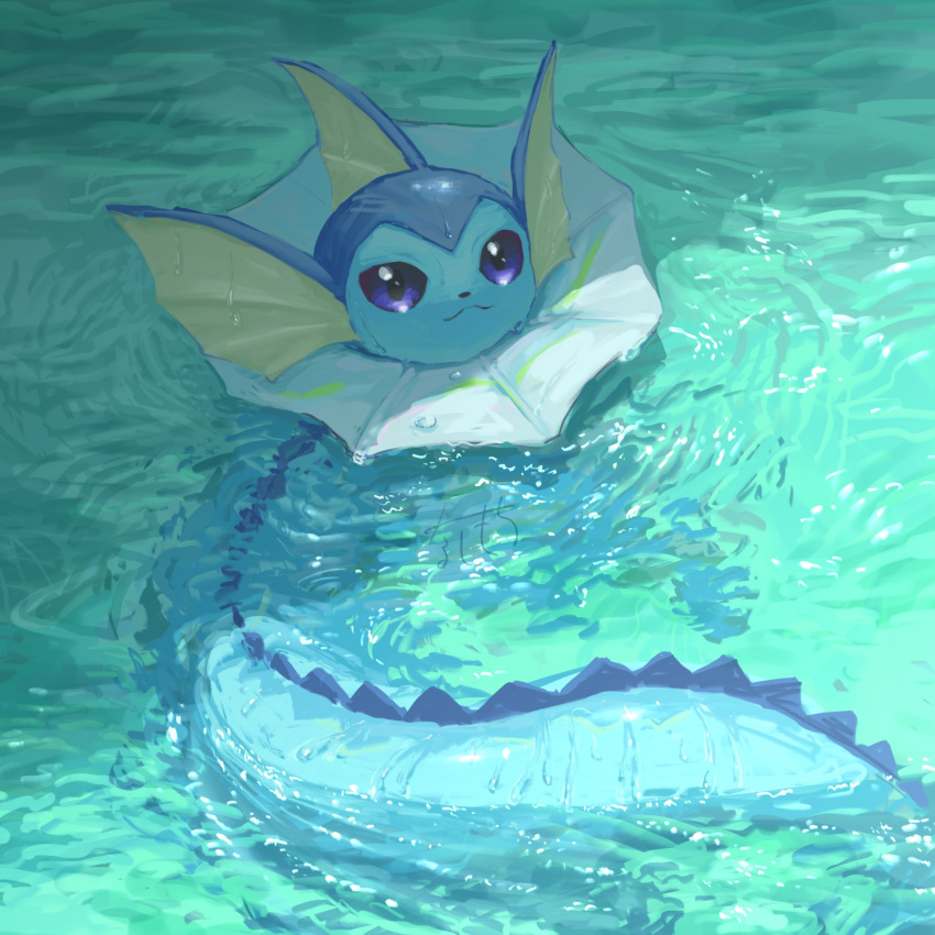aqua_theme closed_mouth day fins head_fins highres light_smile looking_at_viewer looking_up nashimochi_4 no_humans outdoors partially_submerged pokemon pokemon_(creature) ripples smile solo swimming vaporeon violet_eyes water