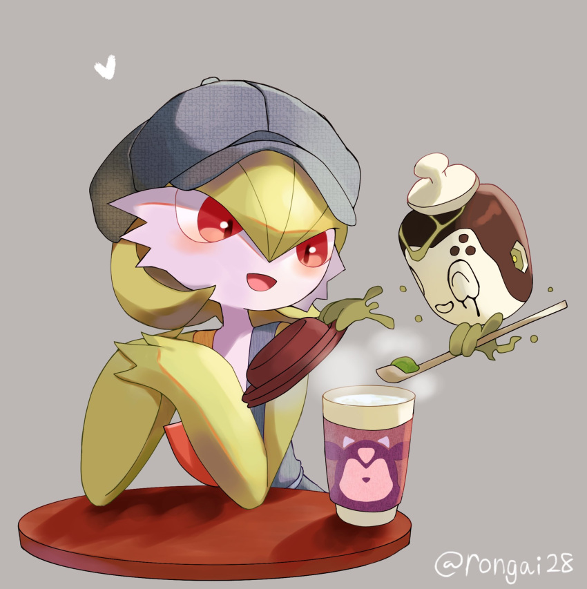 artist_name blush clothed_pokemon coffee_cup cup disposable_cup elbows_on_table gardevoir grey_background grey_headwear hat heart highres holding holding_spoon open_mouth pokemon pokemon_(creature) poltchageist rongai28 simple_background spoon table upper_body